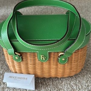 Frances Valentine Wicker Basket Purse with Green leather top and handles
